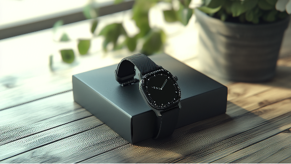 千库网_黑色现代智能手表模型和表带木桌上有黑色礼盒3D渲染_背景编号7597027